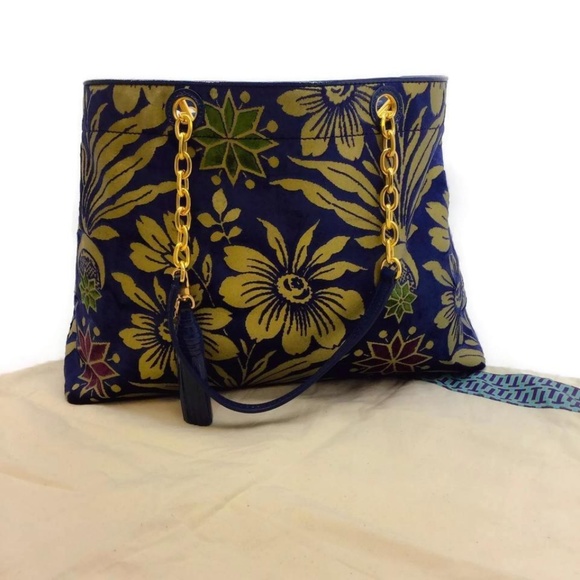 Tory Burch 3x Compartment Blue/Gold Velvet Tote - Picture 7 of 8